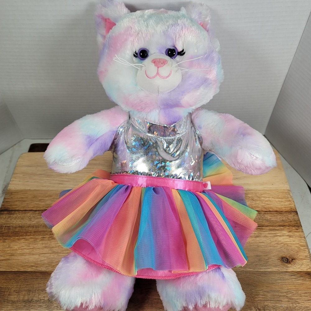 BAB Build A Bear  Rainbow Kitty 16" - Rainbow and silver dress -